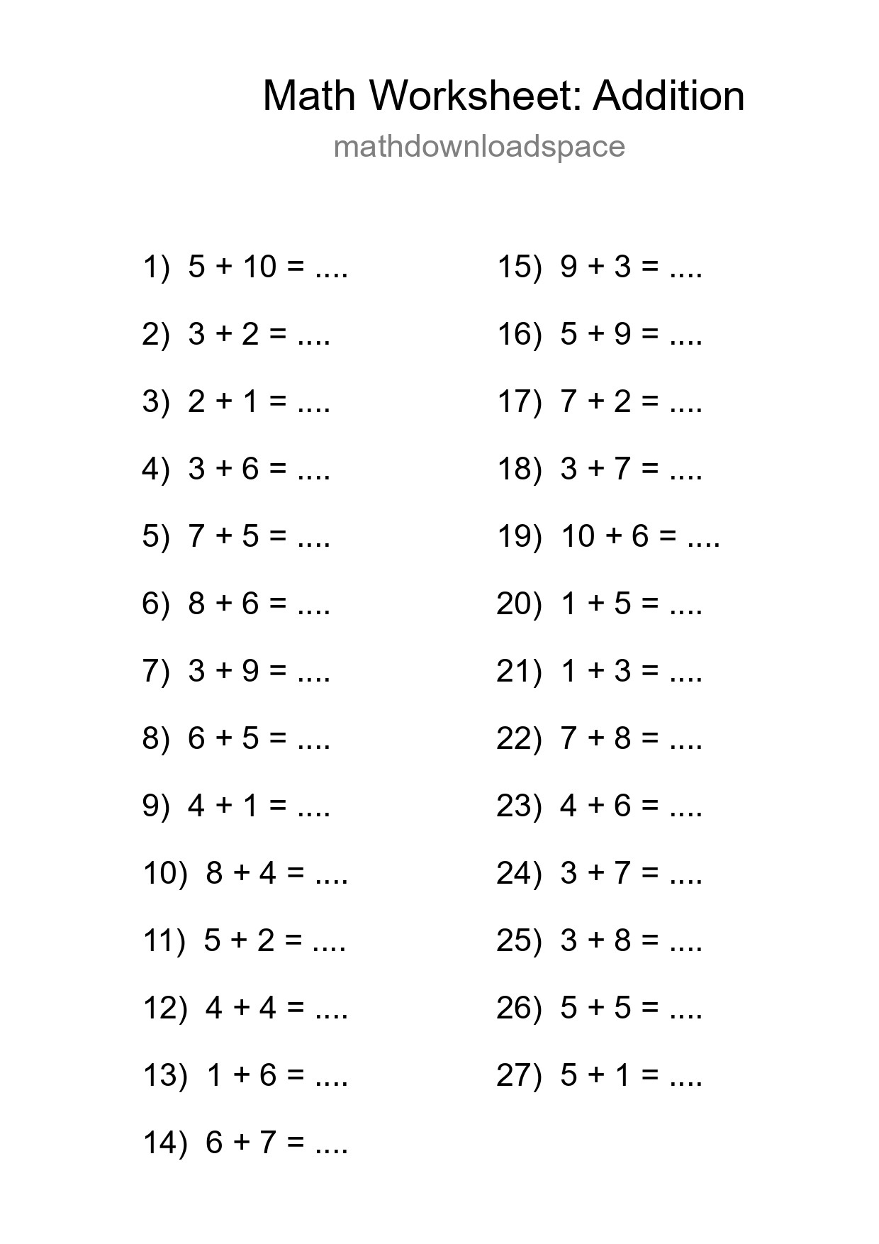 Printable Free 27 Addition Math Worksheet For Grade 1 - Part 199